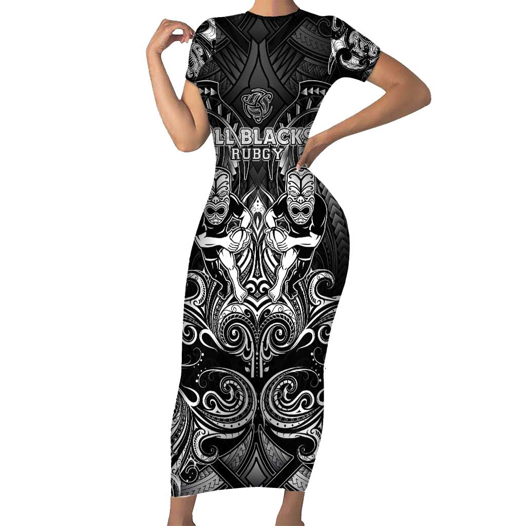 Personalized All Black Short Sleeve Bodycon Dress New Zealand Rugby Mascot Maori DT02 Long Dress Black - Polynesian Pride