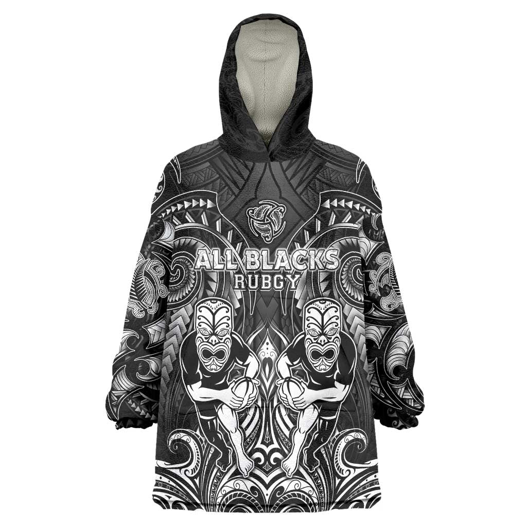 Personalized All Black Wearable Blanket Hoodie New Zealand Rugby Mascot Maori DT02 One Size Black - Polynesian Pride
