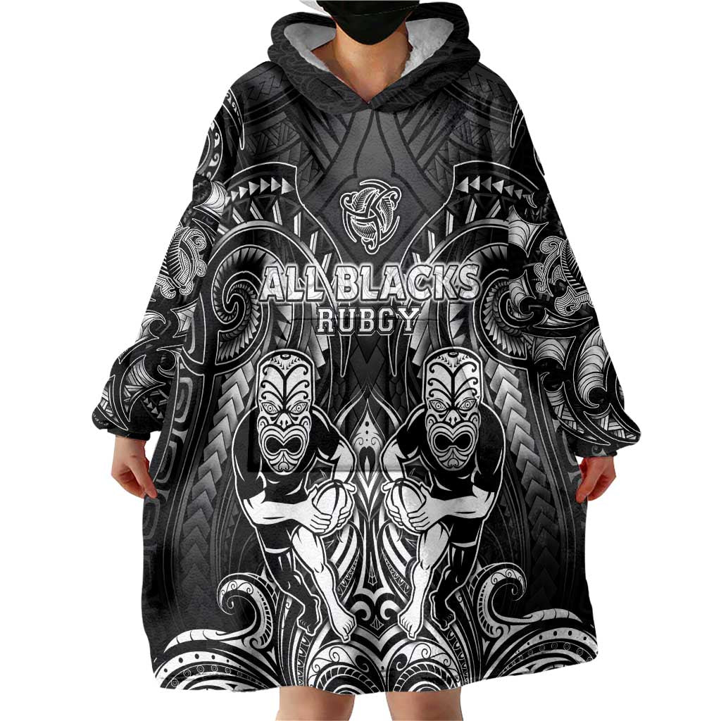 Personalized All Black Wearable Blanket Hoodie New Zealand Rugby Mascot Maori DT02 - Polynesian Pride