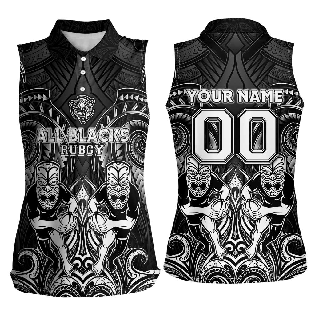 Personalized All Black Women Sleeveless Polo Shirt New Zealand Rugby Mascot Maori DT02 - Polynesian Pride