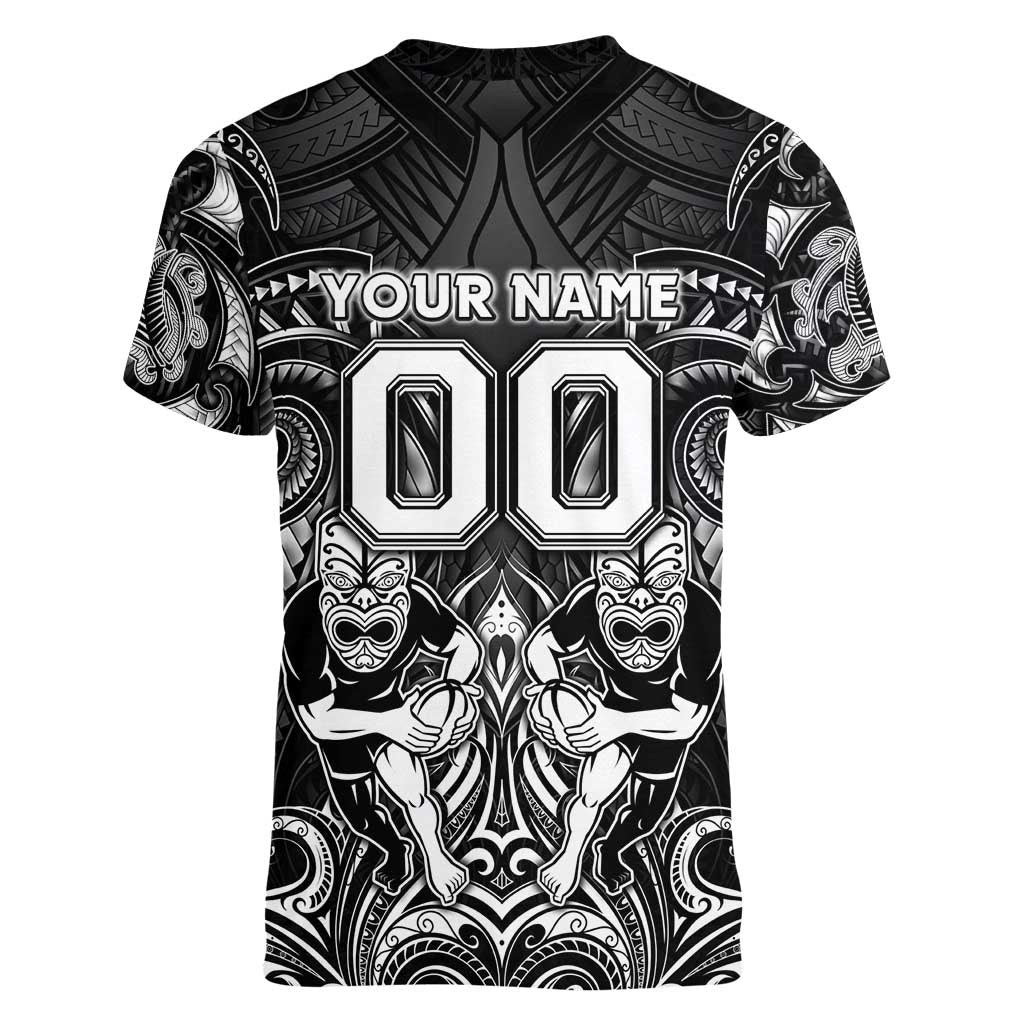 Personalized All Black Women V-Neck T-Shirt New Zealand Rugby Mascot Maori DT02 - Polynesian Pride
