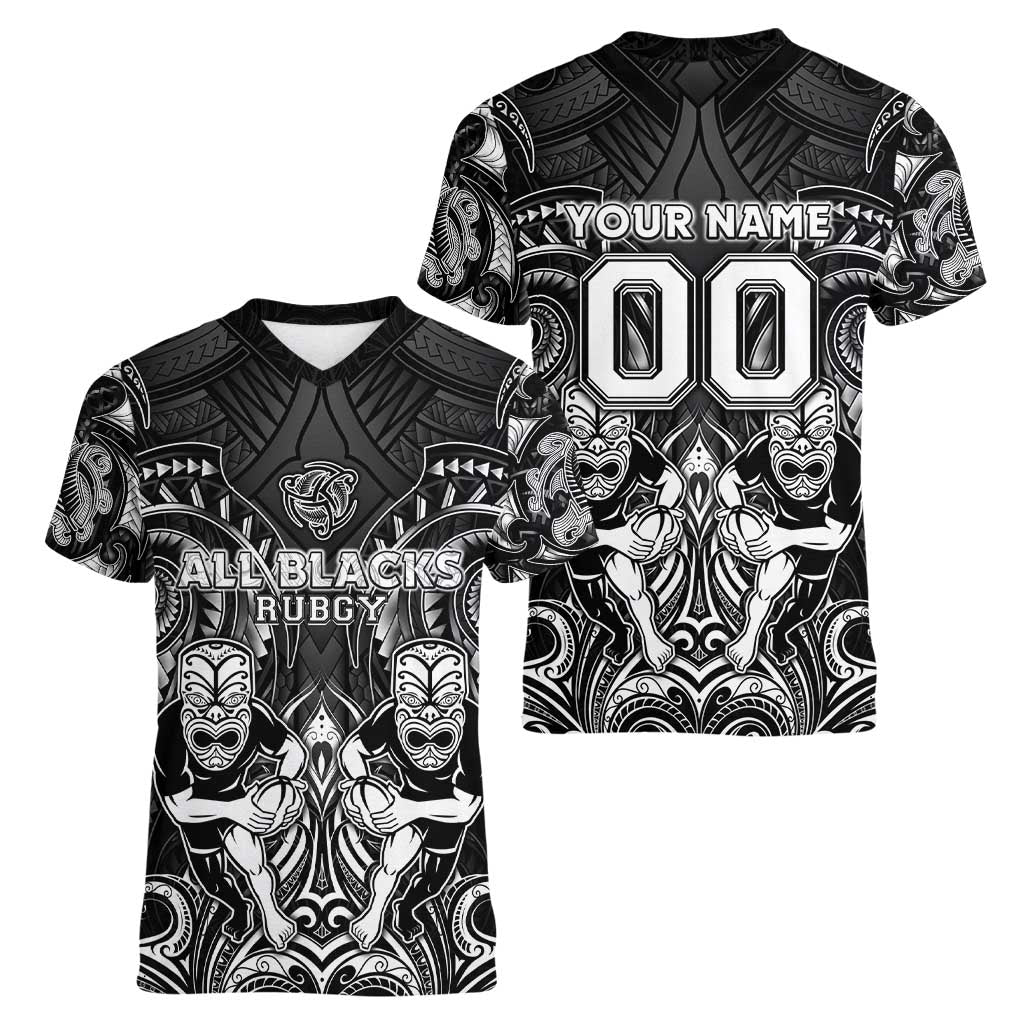 Personalized All Black Women V-Neck T-Shirt New Zealand Rugby Mascot Maori DT02 - Polynesian Pride