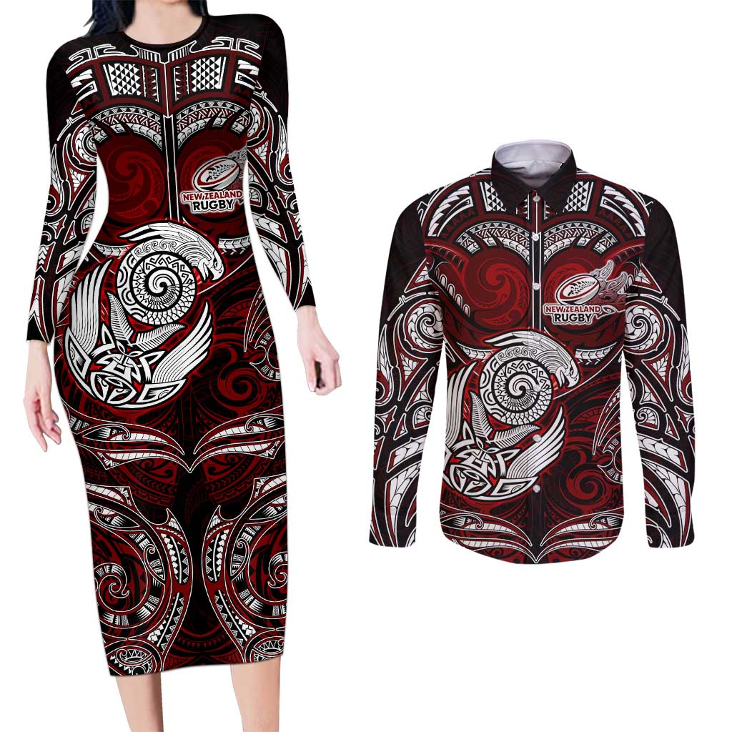 Personalized New Zealand Aotearoa Rugby Couples Matching Long Sleeve Bodycon Dress and Long Sleeve Button Shirt Maori Fern Tattoo Art DT02 Red - Polynesian Pride