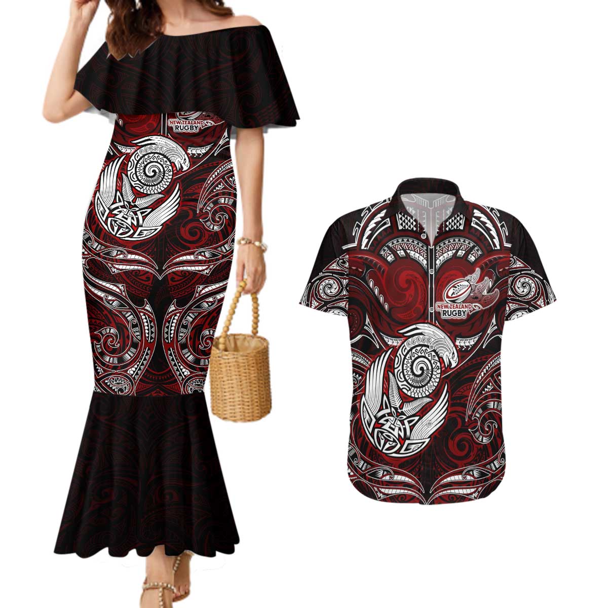 Personalized New Zealand Aotearoa Rugby Couples Matching Mermaid Dress and Hawaiian Shirt Maori Fern Tattoo Art DT02 Red - Polynesian Pride