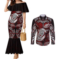 Personalized New Zealand Aotearoa Rugby Couples Matching Mermaid Dress and Long Sleeve Button Shirt Maori Fern Tattoo Art DT02 Red - Polynesian Pride