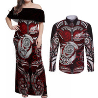 Personalized New Zealand Aotearoa Rugby Couples Matching Off Shoulder Maxi Dress and Long Sleeve Button Shirt Maori Fern Tattoo Art DT02 Red - Polynesian Pride
