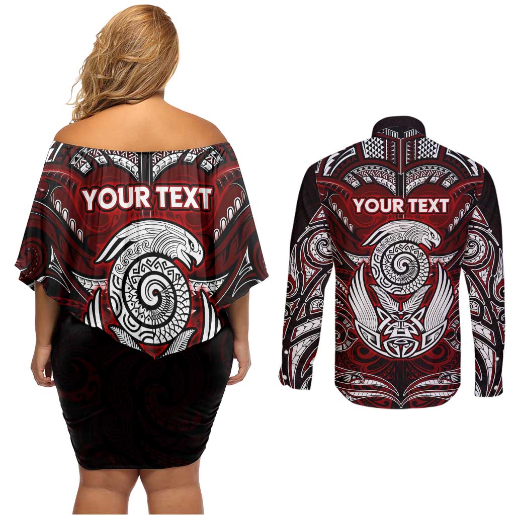 Personalized New Zealand Aotearoa Rugby Couples Matching Off Shoulder Short Dress and Long Sleeve Button Shirt Maori Fern Tattoo Art DT02 - Polynesian Pride