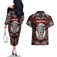Personalized New Zealand Aotearoa Rugby Couples Matching Off The Shoulder Long Sleeve Dress and Hawaiian Shirt Maori Fern Tattoo Art DT02 - Polynesian Pride