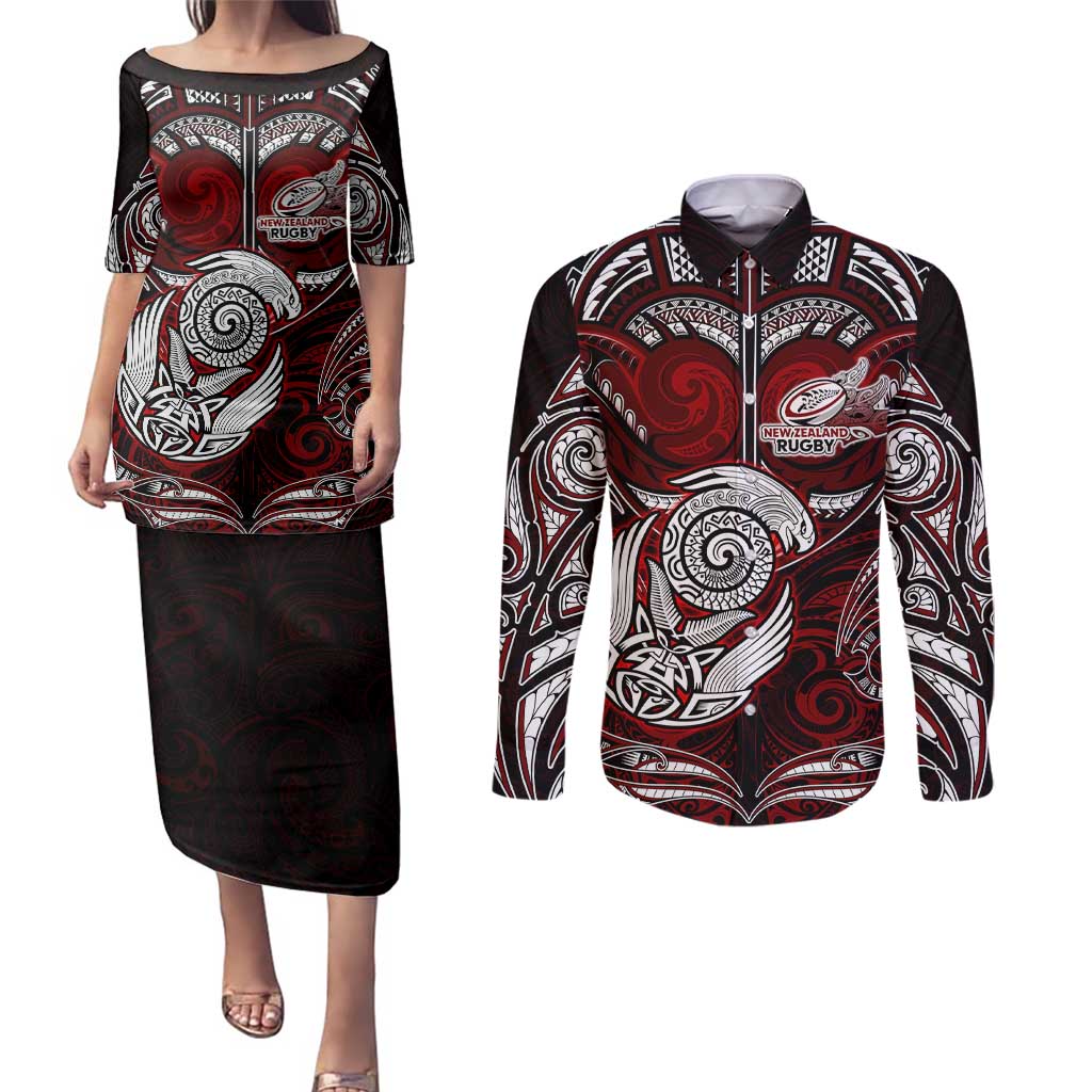Personalized New Zealand Aotearoa Rugby Couples Matching Puletasi and Long Sleeve Button Shirt Maori Fern Tattoo Art DT02 Red - Polynesian Pride
