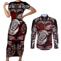 Personalized New Zealand Aotearoa Rugby Couples Matching Short Sleeve Bodycon Dress and Long Sleeve Button Shirt Maori Fern Tattoo Art DT02 Red - Polynesian Pride