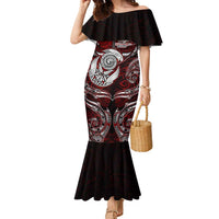 Personalized New Zealand Aotearoa Rugby Family Matching Mermaid Dress and Hawaiian Shirt Maori Fern Tattoo Art DT02 Mom's Dress Red - Polynesian Pride