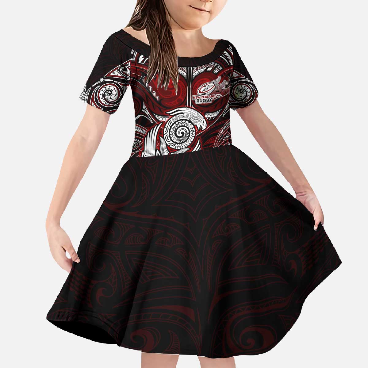 Personalized New Zealand Aotearoa Rugby Family Matching Off The Shoulder Long Sleeve Dress and Hawaiian Shirt Maori Fern Tattoo Art DT02 Daughter's Dress Red - Polynesian Pride