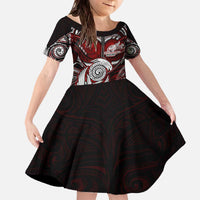 Personalized New Zealand Aotearoa Rugby Family Matching Off The Shoulder Long Sleeve Dress and Hawaiian Shirt Maori Fern Tattoo Art DT02 Daughter's Dress Red - Polynesian Pride