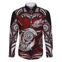 Personalized New Zealand Aotearoa Rugby Family Matching Off The Shoulder Long Sleeve Dress and Hawaiian Shirt Maori Fern Tattoo Art DT02 Dad's Shirt - Long Sleeve Red - Polynesian Pride