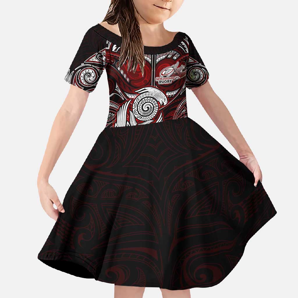 Personalized New Zealand Aotearoa Rugby Family Matching Off Shoulder Maxi Dress and Hawaiian Shirt Maori Fern Tattoo Art DT02 Daughter's Dress Red - Polynesian Pride