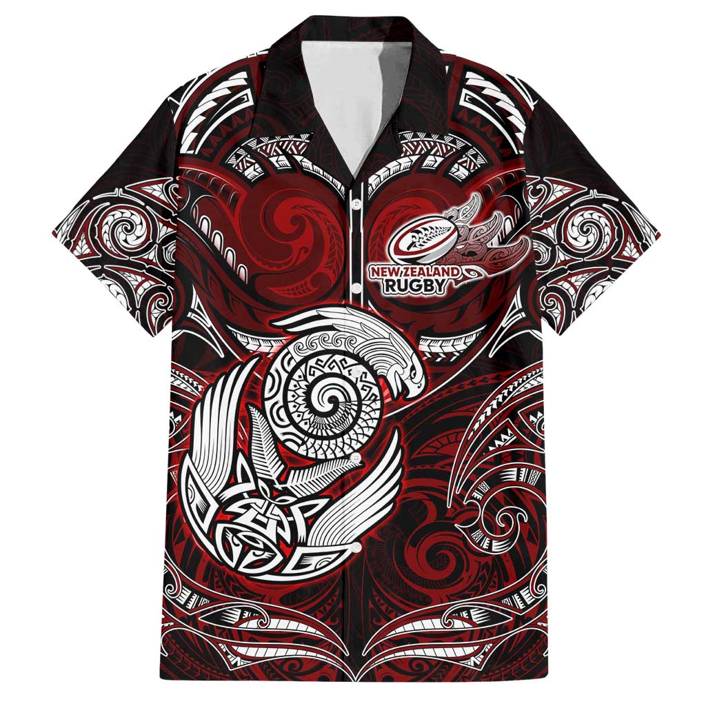 Personalized New Zealand Aotearoa Rugby Family Matching Off Shoulder Short Dress and Hawaiian Shirt Maori Fern Tattoo Art DT02 Dad's Shirt - Short Sleeve Red - Polynesian Pride
