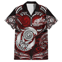 Personalized New Zealand Aotearoa Rugby Family Matching Off Shoulder Short Dress and Hawaiian Shirt Maori Fern Tattoo Art DT02 Dad's Shirt - Short Sleeve Red - Polynesian Pride