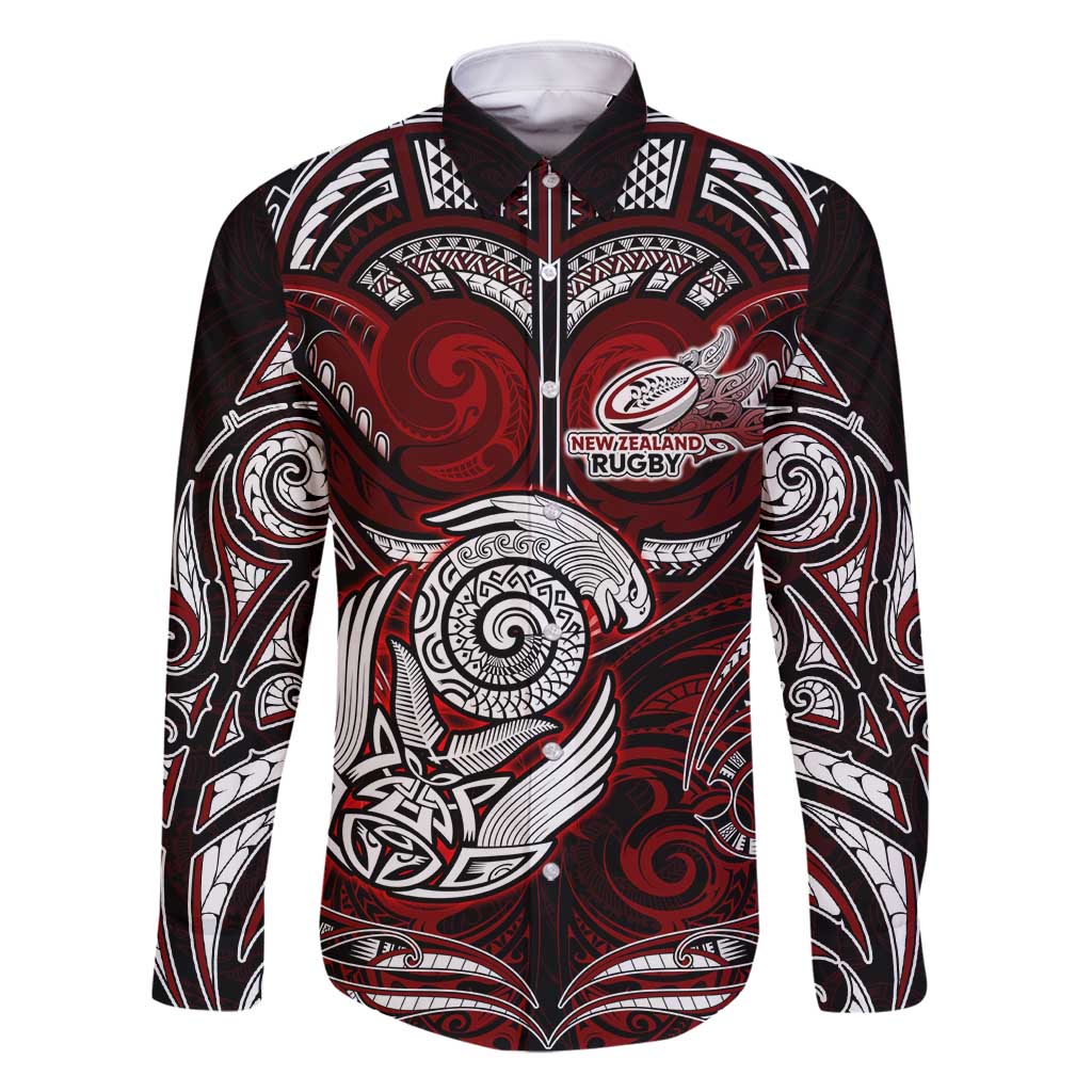 Personalized New Zealand Aotearoa Rugby Family Matching Off Shoulder Short Dress and Hawaiian Shirt Maori Fern Tattoo Art DT02 Dad's Shirt - Long Sleeve Red - Polynesian Pride