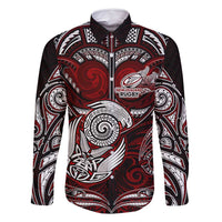 Personalized New Zealand Aotearoa Rugby Family Matching Off Shoulder Short Dress and Hawaiian Shirt Maori Fern Tattoo Art DT02 Dad's Shirt - Long Sleeve Red - Polynesian Pride
