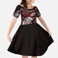 Personalized New Zealand Aotearoa Rugby Family Matching Puletasi and Hawaiian Shirt Maori Fern Tattoo Art DT02 Daughter's Dress Red - Polynesian Pride