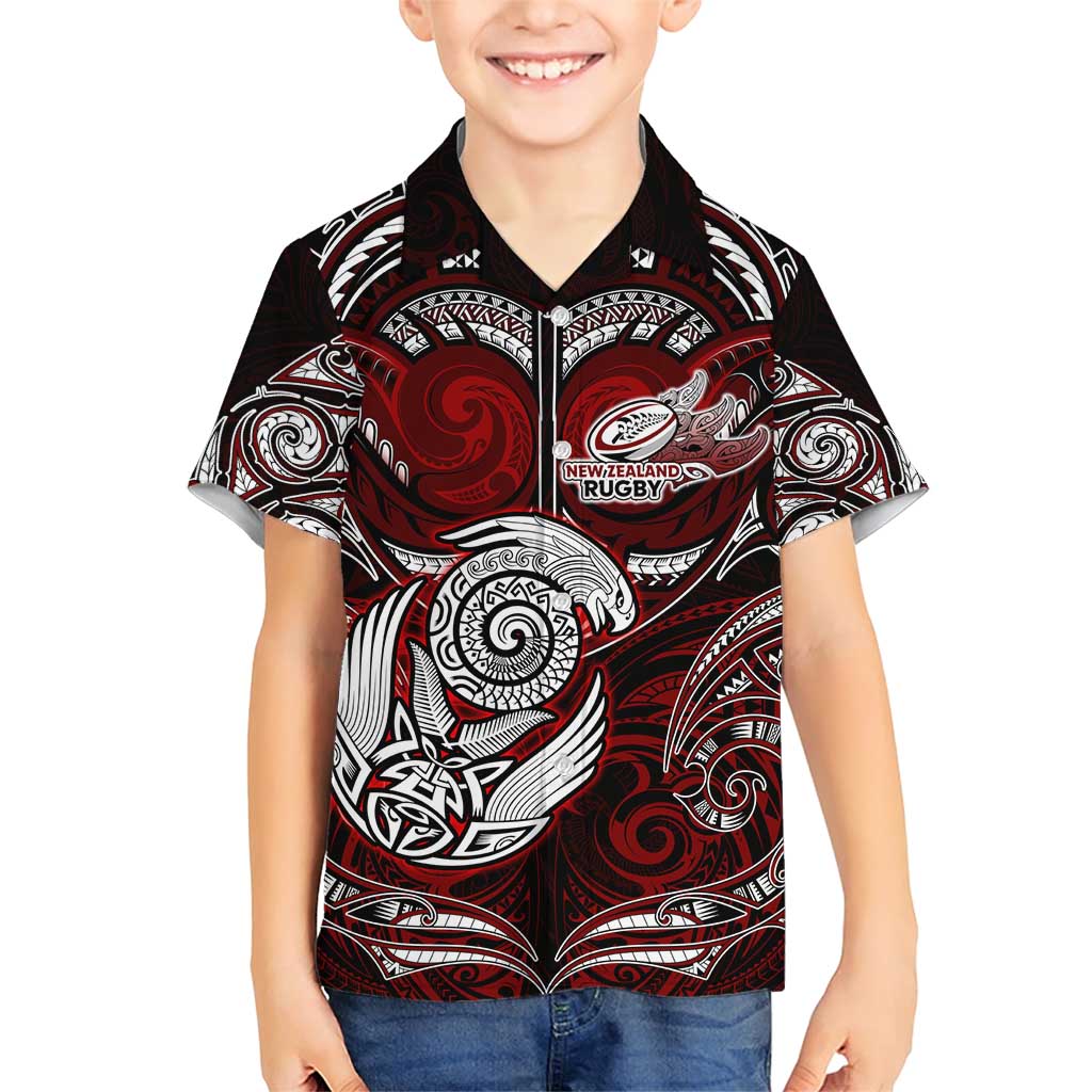 Personalized New Zealand Aotearoa Rugby Family Matching Short Sleeve Bodycon Dress and Hawaiian Shirt Maori Fern Tattoo Art DT02 Son's Shirt Red - Polynesian Pride