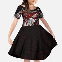 Personalized New Zealand Aotearoa Rugby Family Matching Summer Maxi Dress and Hawaiian Shirt Maori Fern Tattoo Art DT02 Daughter's Dress Red - Polynesian Pride