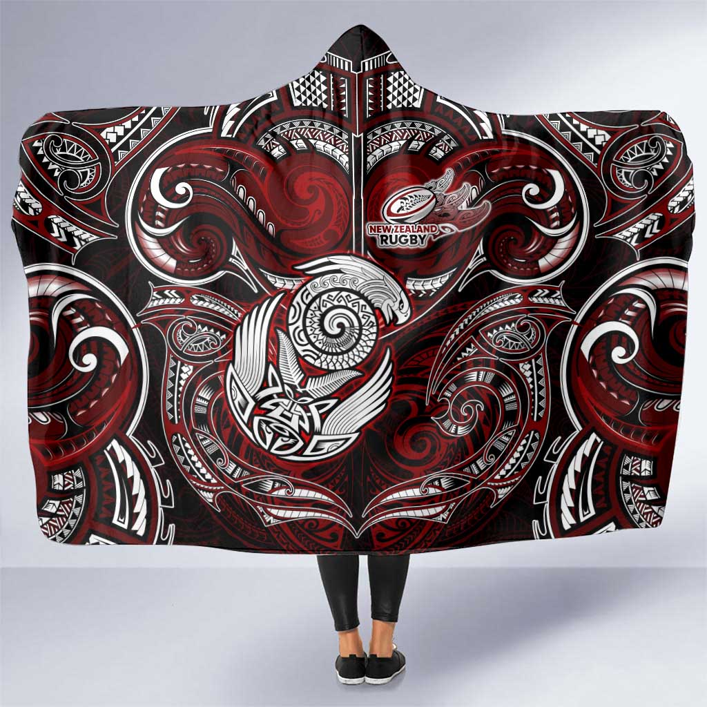 New Zealand Aotearoa Rugby Hooded Blanket Maori Fern Tattoo Art DT02 One Size Red - Polynesian Pride