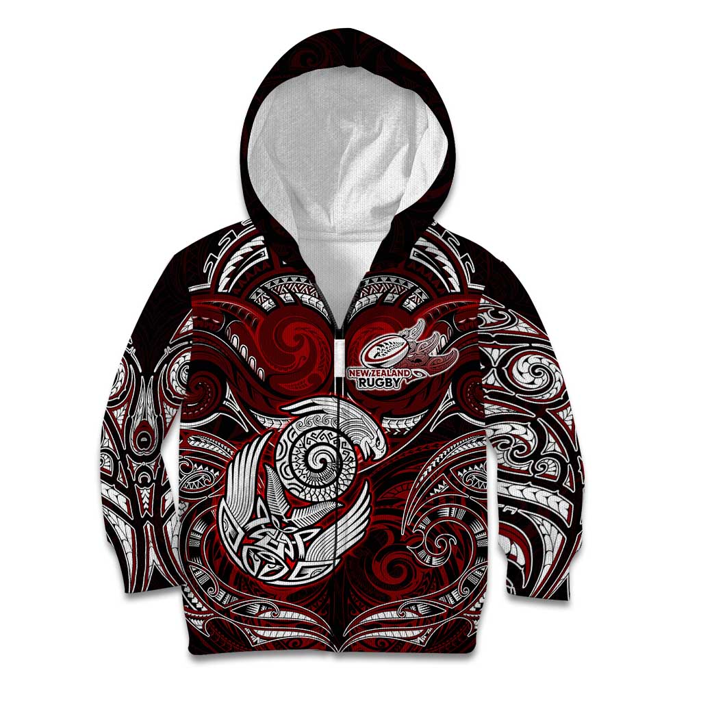Personalized New Zealand Aotearoa Rugby Kid Hoodie Maori Fern Tattoo Art DT02 Zip Hoodie Red - Polynesian Pride