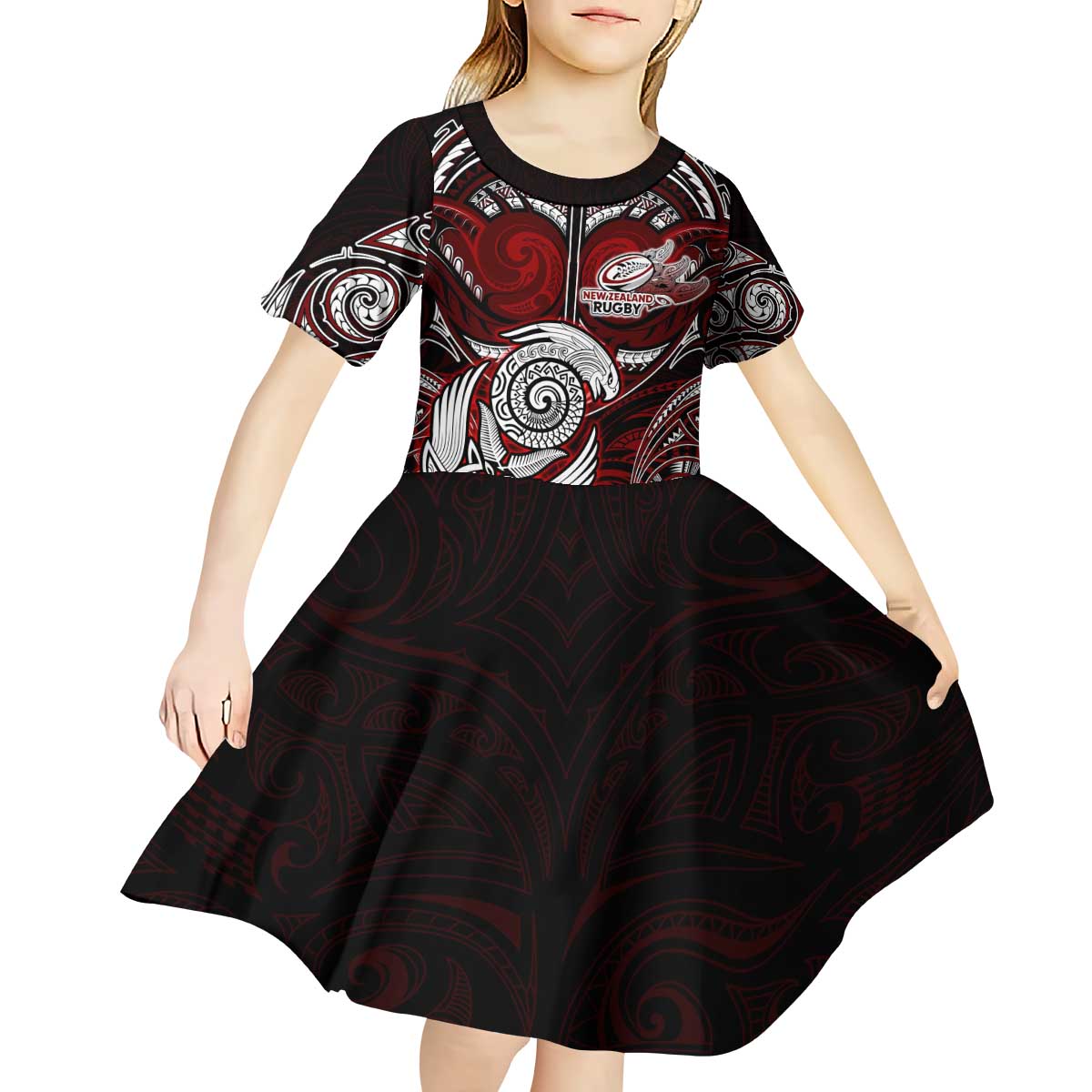 Personalized New Zealand Aotearoa Rugby Kid Short Sleeve Dress Maori Fern Tattoo Art DT02 - Polynesian Pride