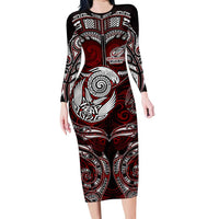 Personalized New Zealand Aotearoa Rugby Long Sleeve Bodycon Dress Maori Fern Tattoo Art DT02 Long Dress Red - Polynesian Pride