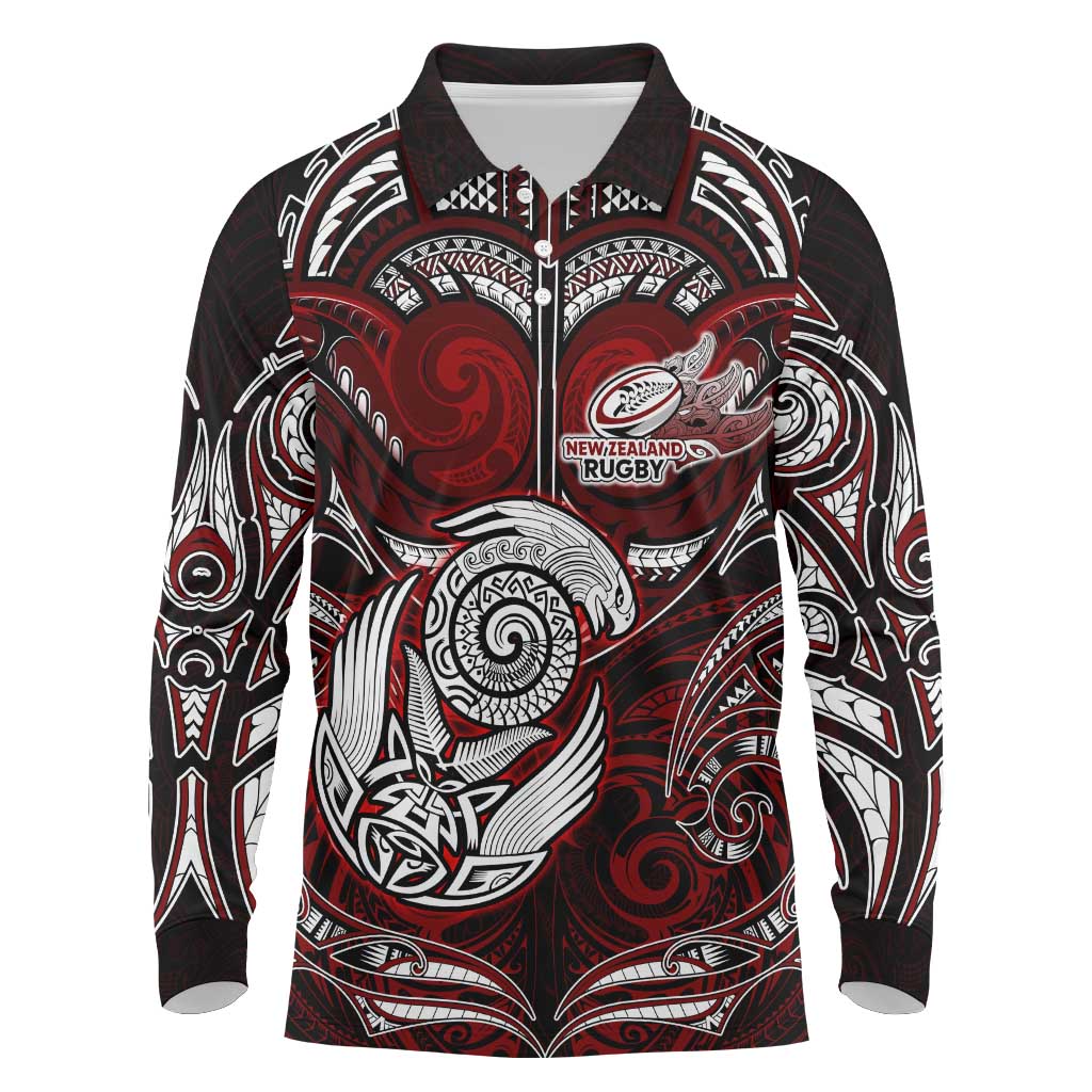 Personalized New Zealand Aotearoa Rugby Long Sleeve Polo Shirt Maori Fern Tattoo Art DT02 Red - Polynesian Pride