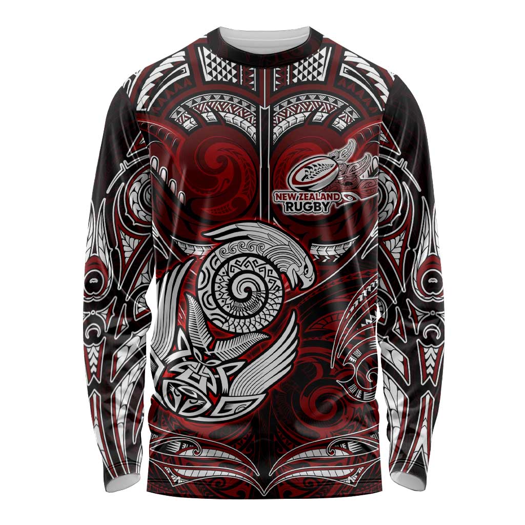 Personalized New Zealand Aotearoa Rugby Long Sleeve Shirt Maori Fern Tattoo Art DT02 Unisex Red - Polynesian Pride