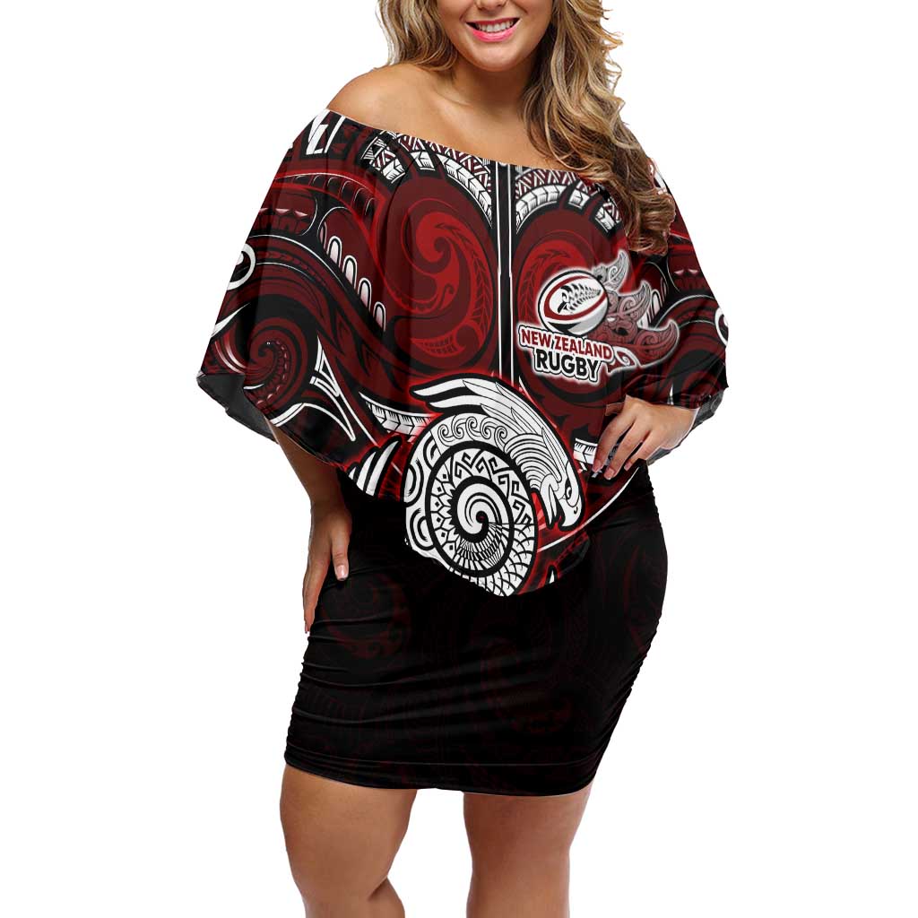 Personalized New Zealand Aotearoa Rugby Off Shoulder Short Dress Maori Fern Tattoo Art DT02 Women Red - Polynesian Pride