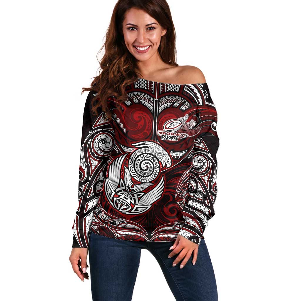 Personalized New Zealand Aotearoa Rugby Off Shoulder Sweater Maori Fern Tattoo Art DT02 Women Red - Polynesian Pride
