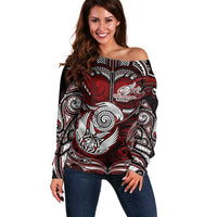 Personalized New Zealand Aotearoa Rugby Off Shoulder Sweater Maori Fern Tattoo Art DT02 Women Red - Polynesian Pride