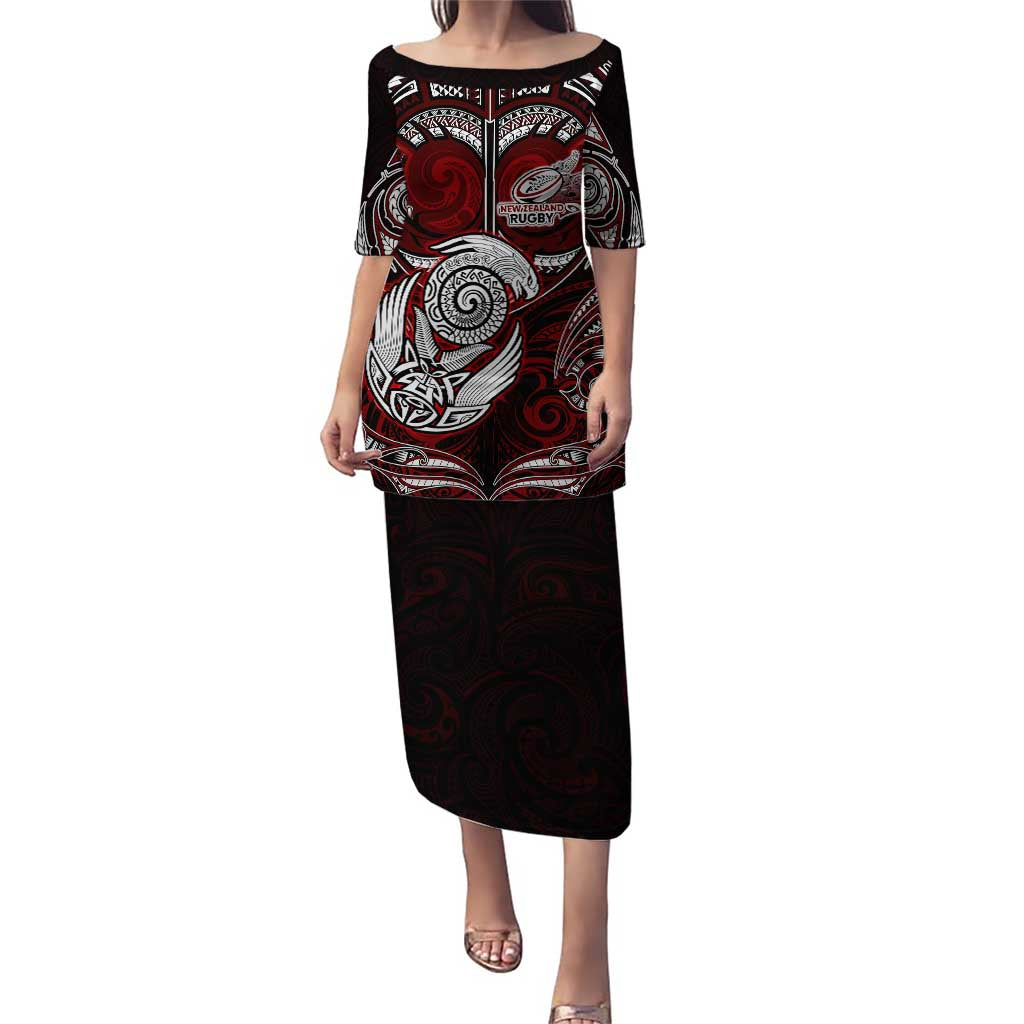 Personalized New Zealand Aotearoa Rugby Puletasi Maori Fern Tattoo Art DT02 Long Dress Red - Polynesian Pride