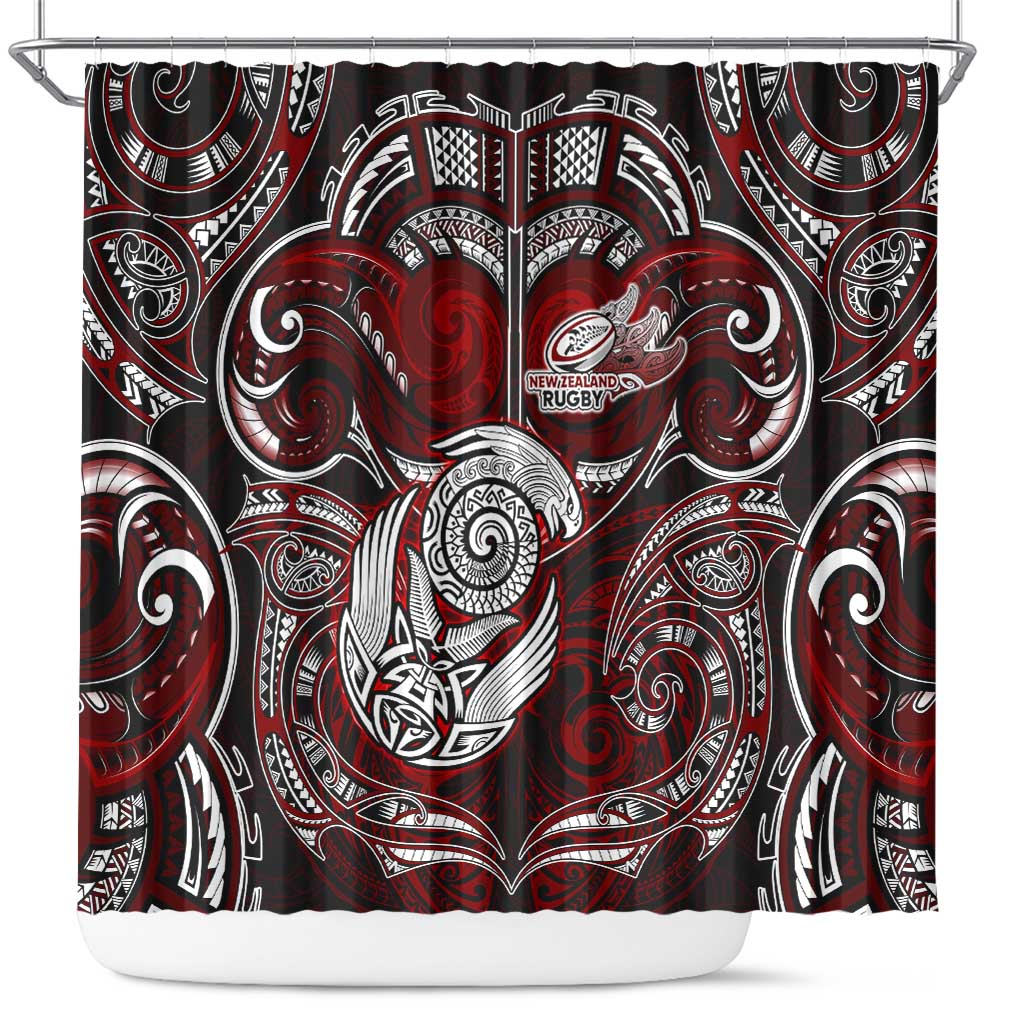 New Zealand Aotearoa Rugby Shower Curtain Maori Fern Tattoo Art DT02 Red - Polynesian Pride