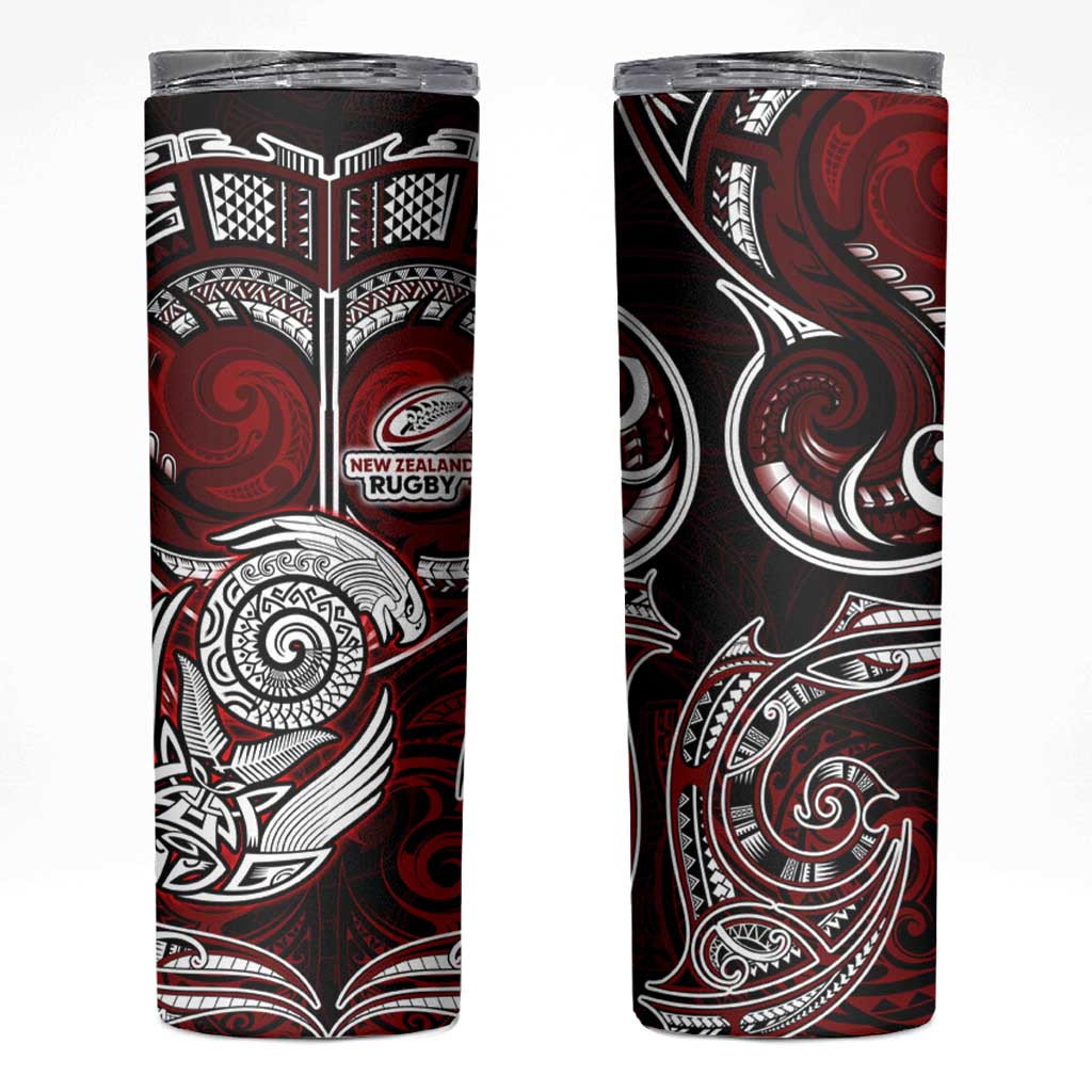 New Zealand Aotearoa Rugby Skinny Tumbler Maori Fern Tattoo Art DT02 Red - Polynesian Pride