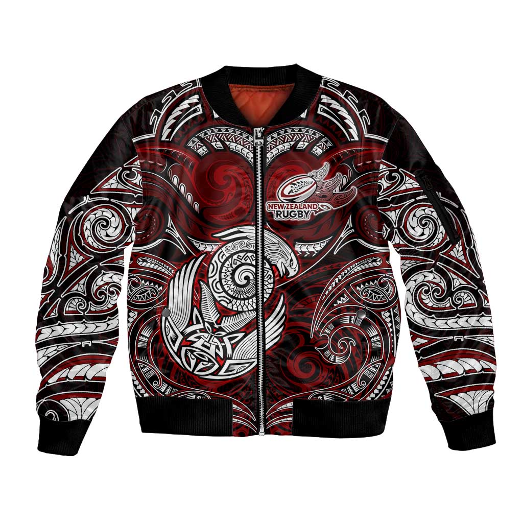 Personalized New Zealand Aotearoa Rugby Sleeve Zip Bomber Jacket Maori Fern Tattoo Art DT02 Unisex Red - Polynesian Pride