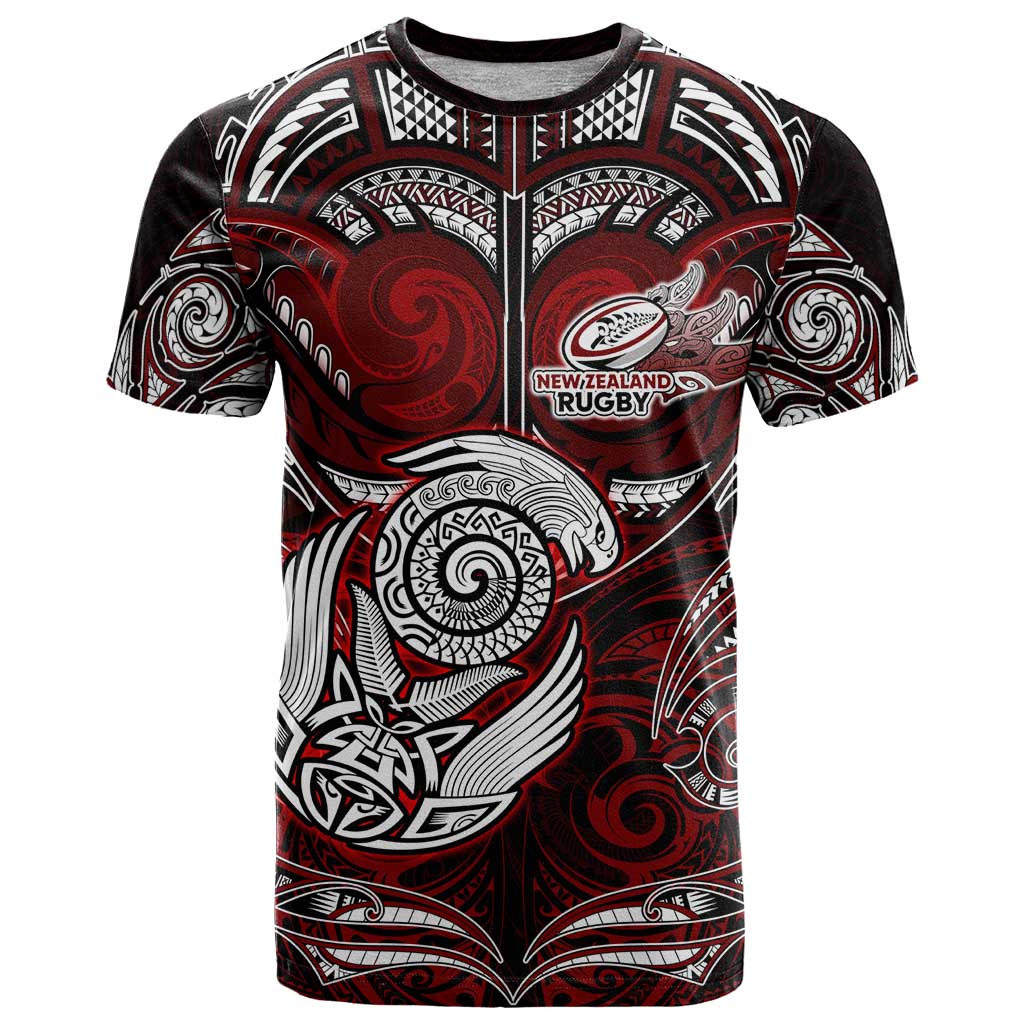 Personalized New Zealand Aotearoa Rugby T Shirt Maori Fern Tattoo Art DT02 Red - Polynesian Pride