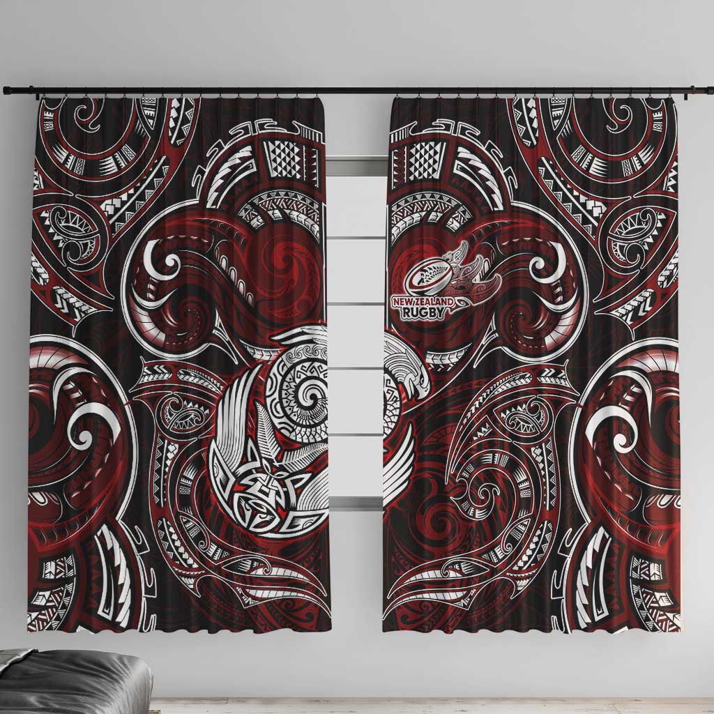 New Zealand Aotearoa Rugby Window Curtain Maori Fern Tattoo Art DT02 With Hooks Red - Polynesian Pride