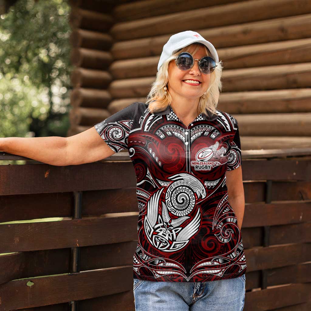 Personalized New Zealand Aotearoa Rugby Women Polo Shirt Maori Fern Tattoo Art