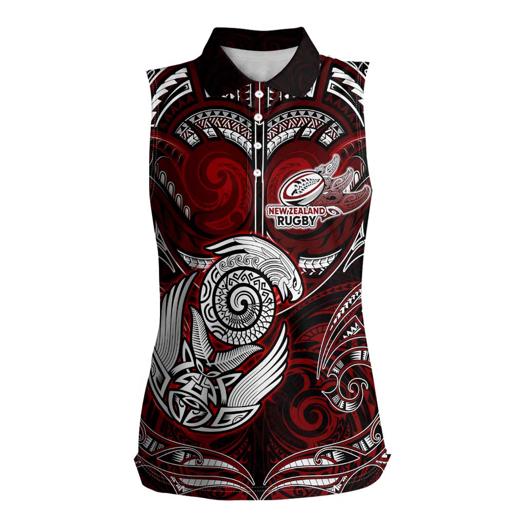 Personalized New Zealand Aotearoa Rugby Women Sleeveless Polo Shirt Maori Fern Tattoo Art DT02 Female Red - Polynesian Pride