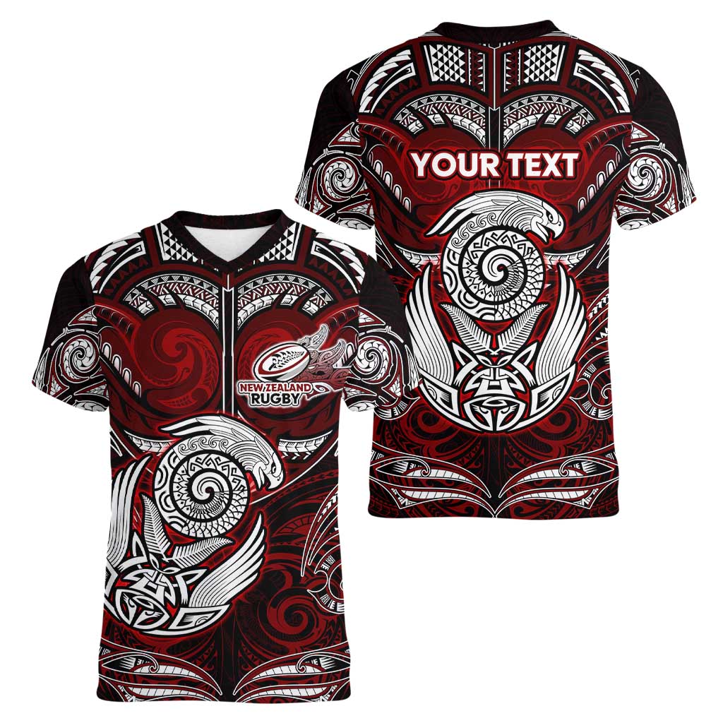 Personalized New Zealand Aotearoa Rugby Women V-Neck T-Shirt Maori Fern Tattoo Art DT02 - Polynesian Pride
