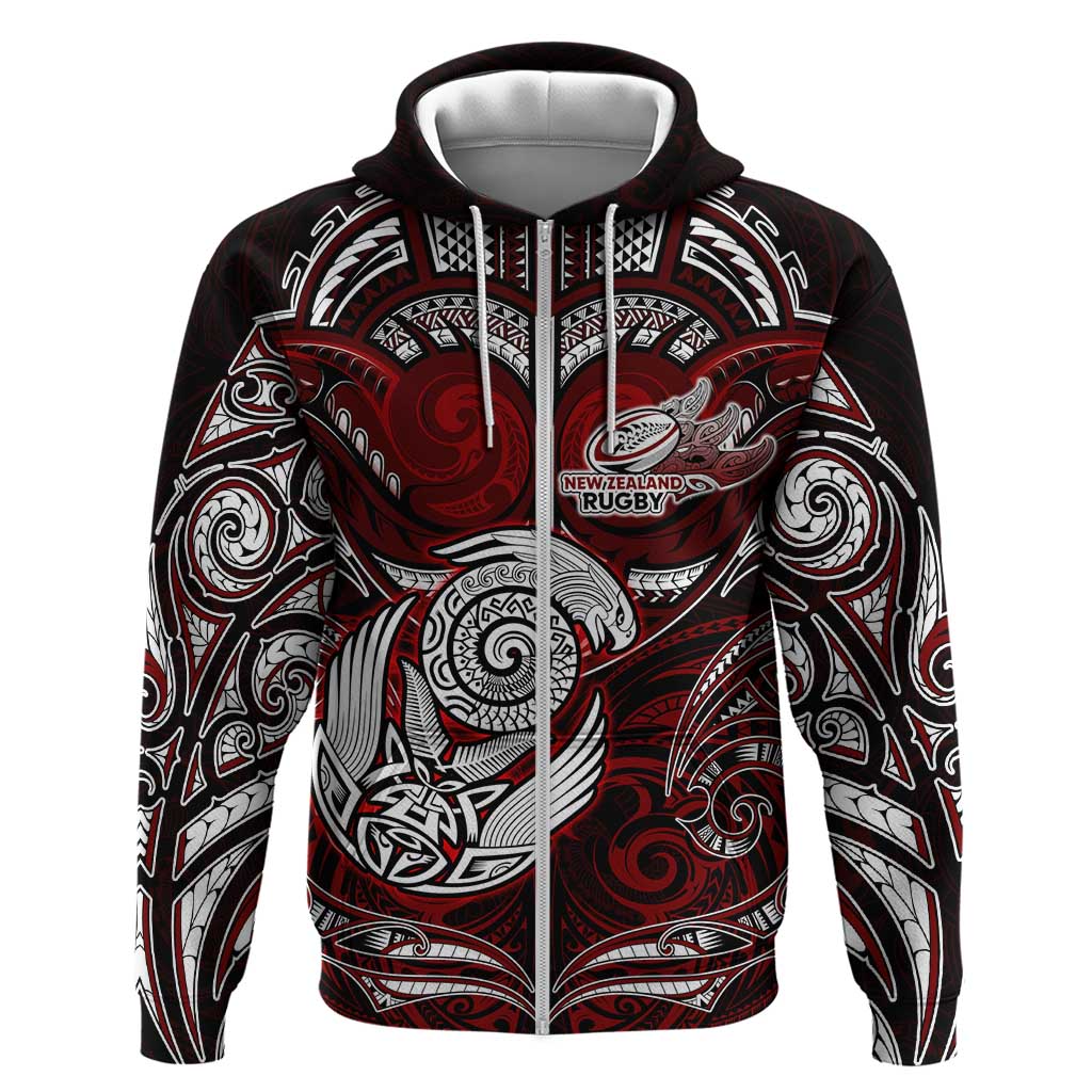Personalized New Zealand Aotearoa Rugby Zip Hoodie Maori Fern Tattoo Art DT02 Zip Hoodie Red - Polynesian Pride