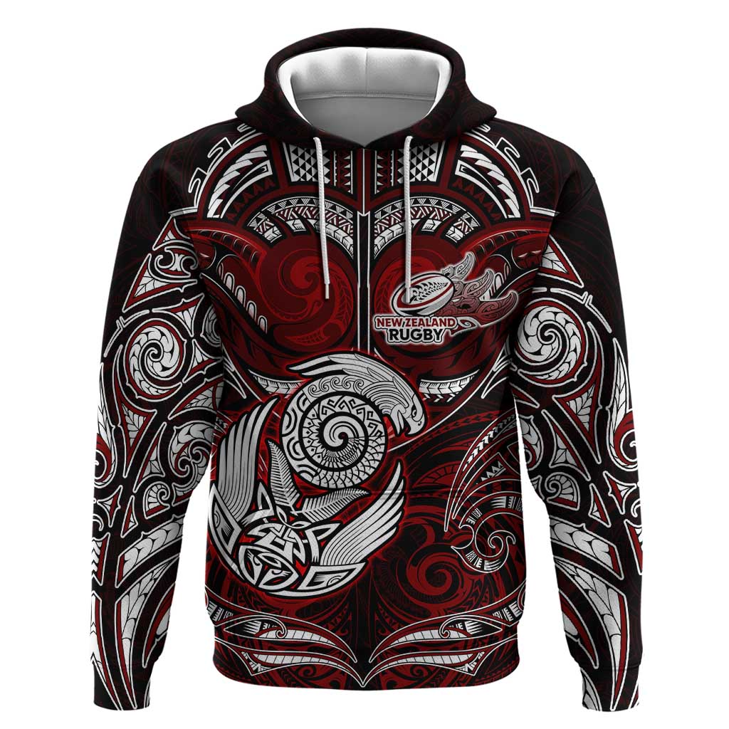 Personalized New Zealand Aotearoa Rugby Zip Hoodie Maori Fern Tattoo Art DT02 Pullover Hoodie Red - Polynesian Pride