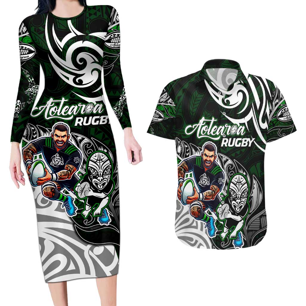 Personalized NZ Aotearoa Rugby Couples Matching Long Sleeve Bodycon Dress and Hawaiian Shirt New Zealand Silver Fern DT02 Green - Polynesian Pride