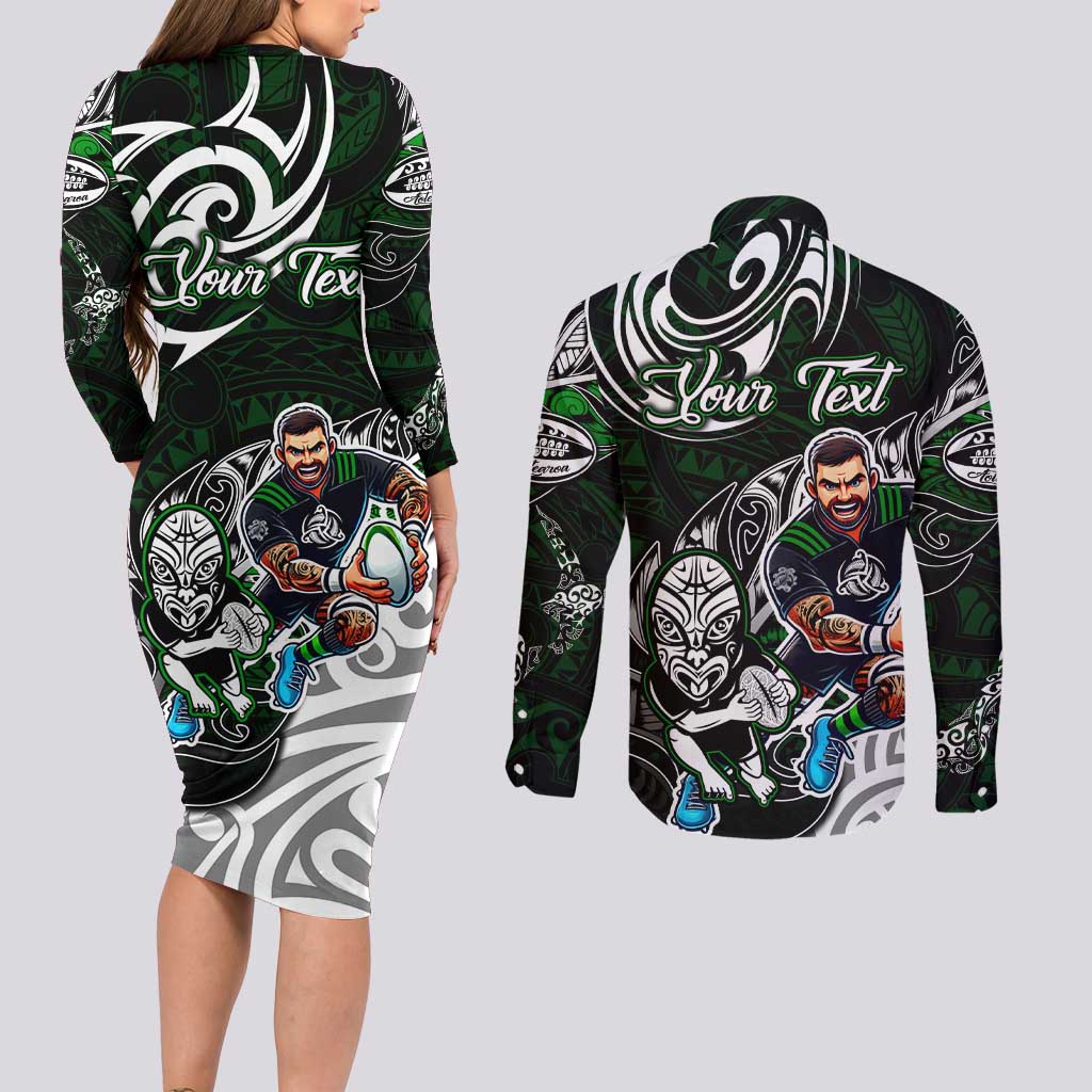 Personalized NZ Aotearoa Rugby Couples Matching Long Sleeve Bodycon Dress and Long Sleeve Button Shirt New Zealand Silver Fern DT02 - Polynesian Pride
