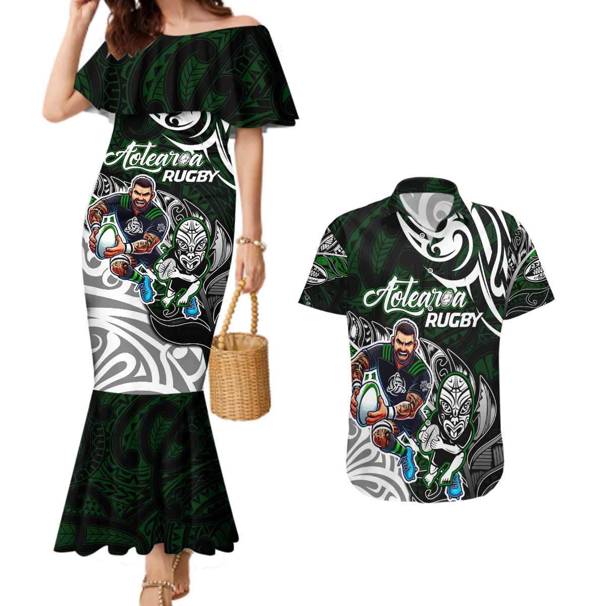 Personalized NZ Aotearoa Rugby Couples Matching Mermaid Dress and Hawaiian Shirt New Zealand Silver Fern DT02 Green - Polynesian Pride