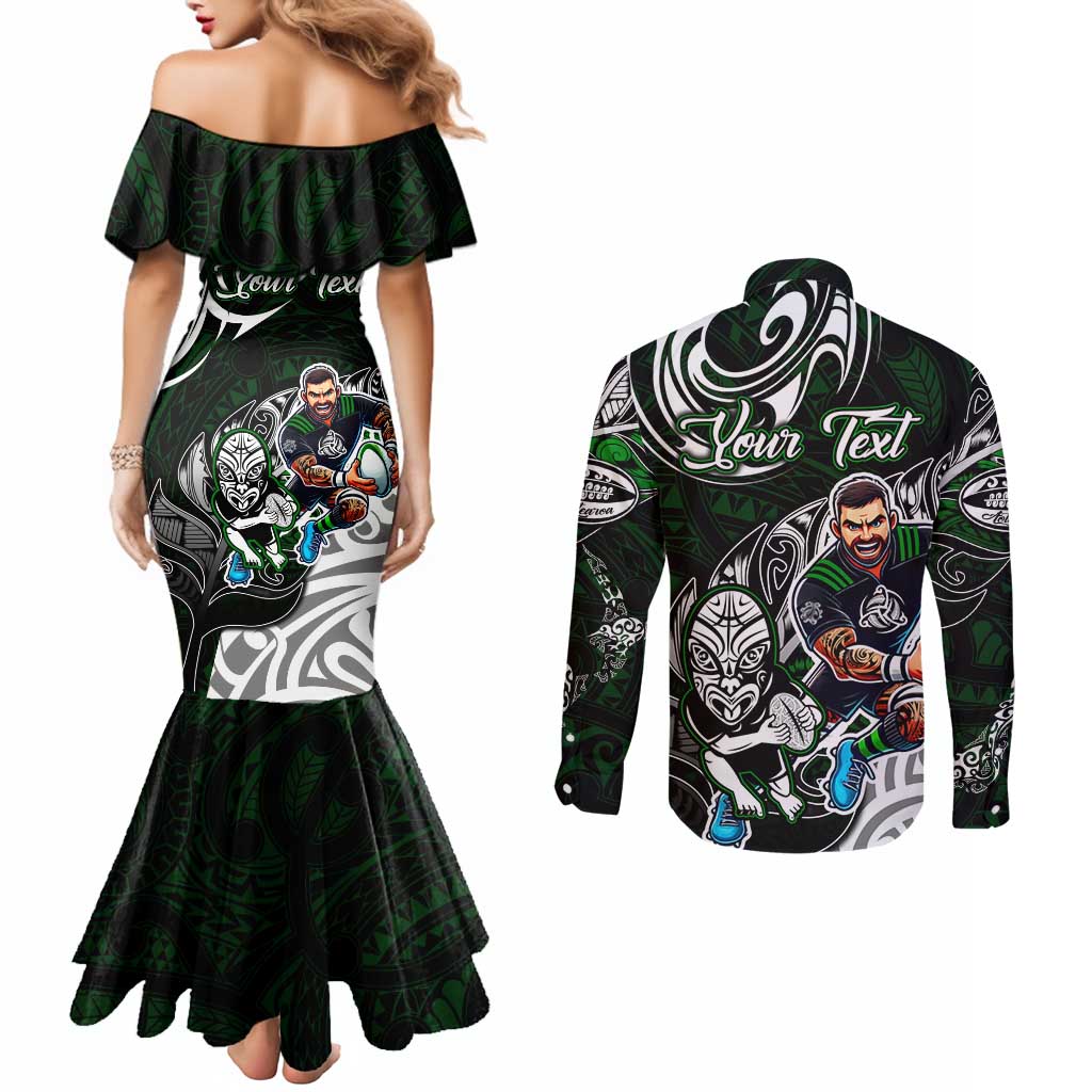 Personalized NZ Aotearoa Rugby Couples Matching Mermaid Dress and Long Sleeve Button Shirt New Zealand Silver Fern DT02 - Polynesian Pride